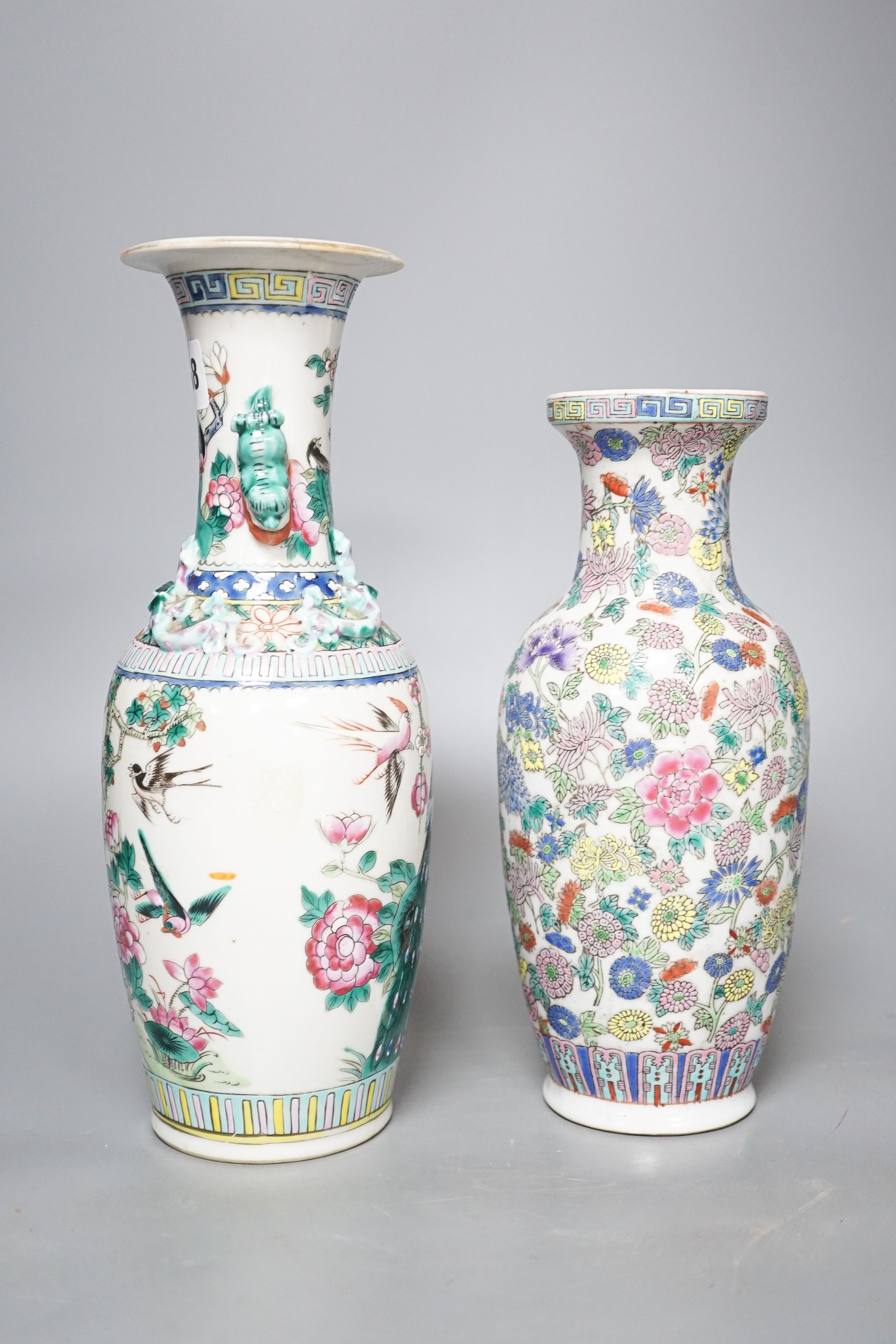 A Chinese famille rose ‘phoenix’ vase and another famille rose vase 30cm